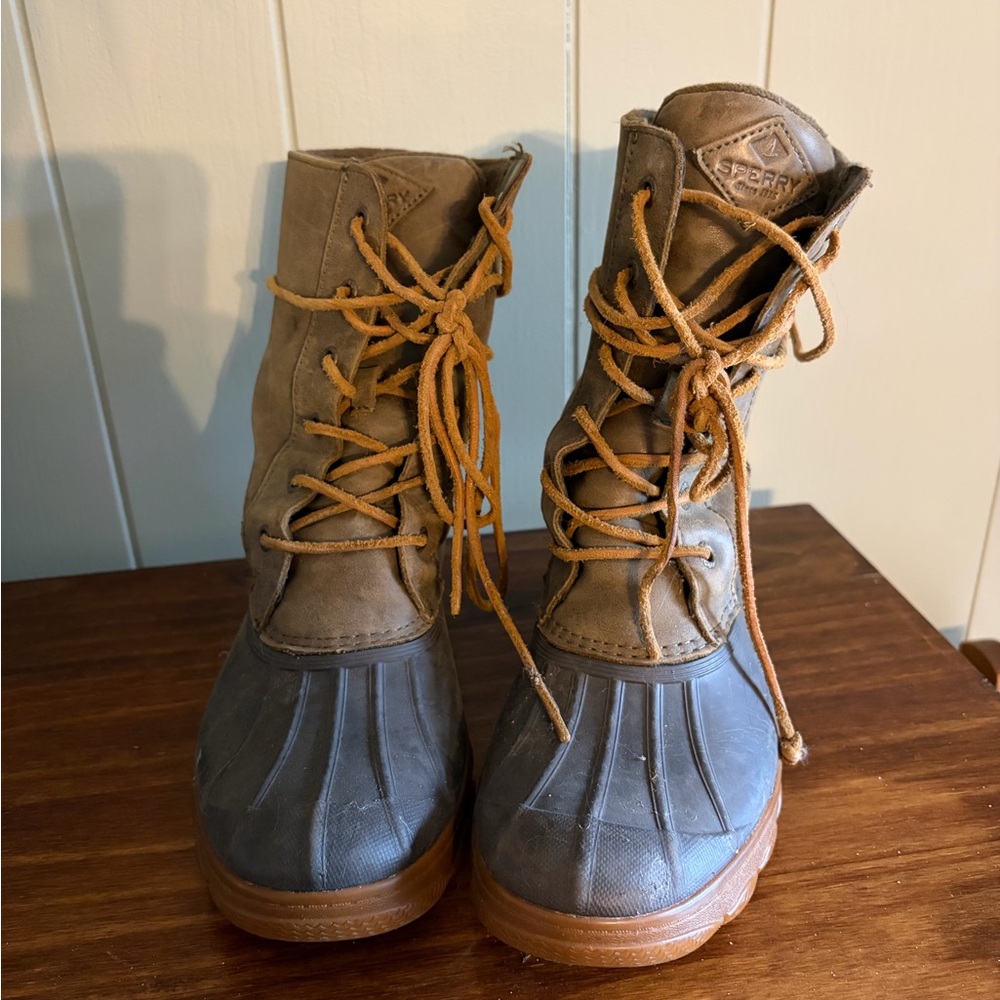 Sperry Tan and Olive Green Duck Boots